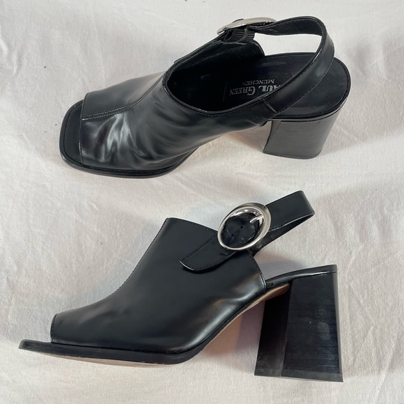 Y2K Vintage Paul‎ Green Open Toe Chunky Heeled Leather Shoe in Black Size 7.5